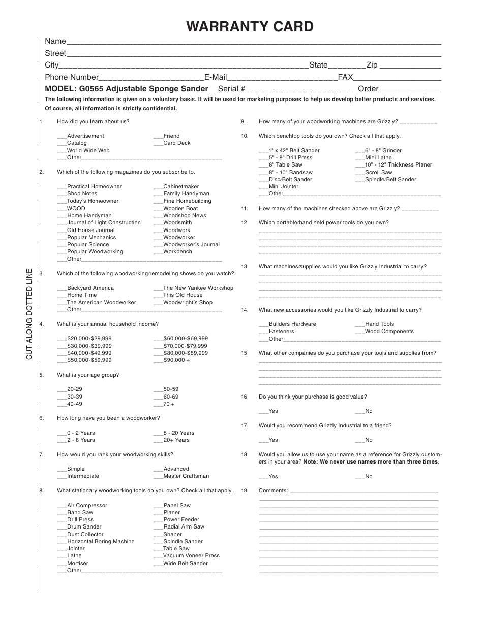 Warranty card | Grizzly G0565 User Manual | Page 29 / 32