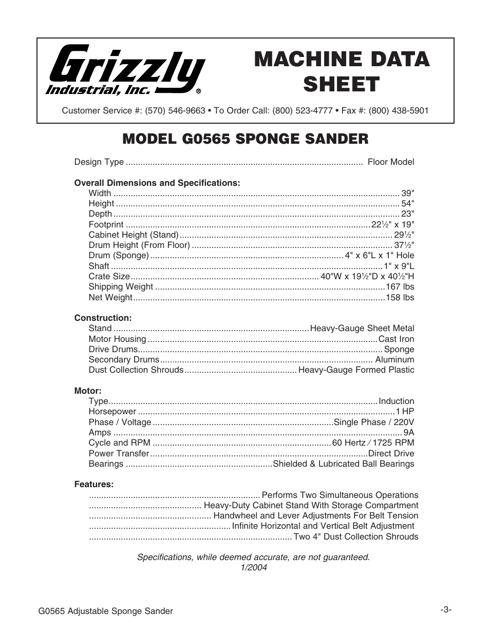 Machine data sheet, Model g0565 sponge sander | Grizzly G0565 User Manual | Page 5 / 32
