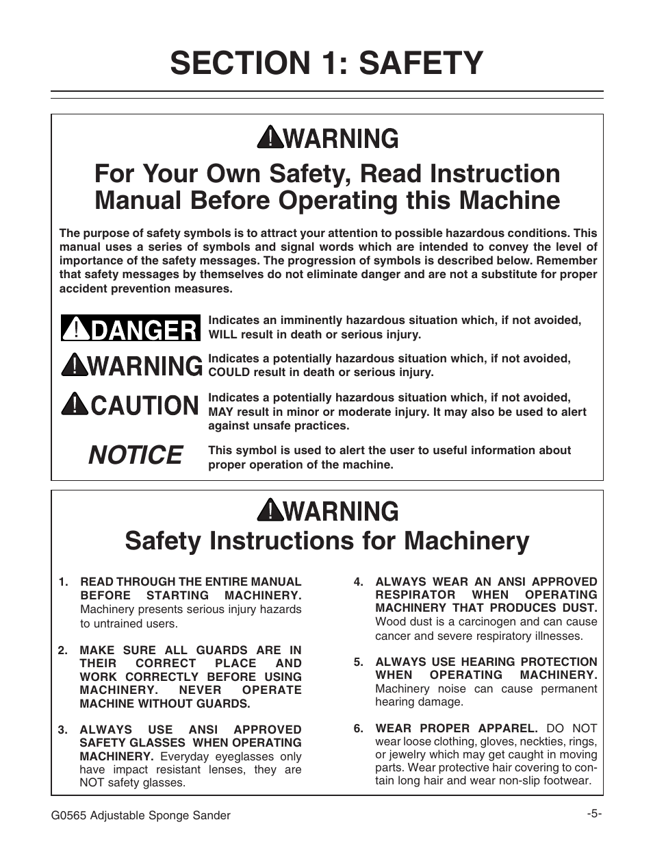 Notice safety instructions for machinery | Grizzly G0565 User Manual | Page 7 / 32