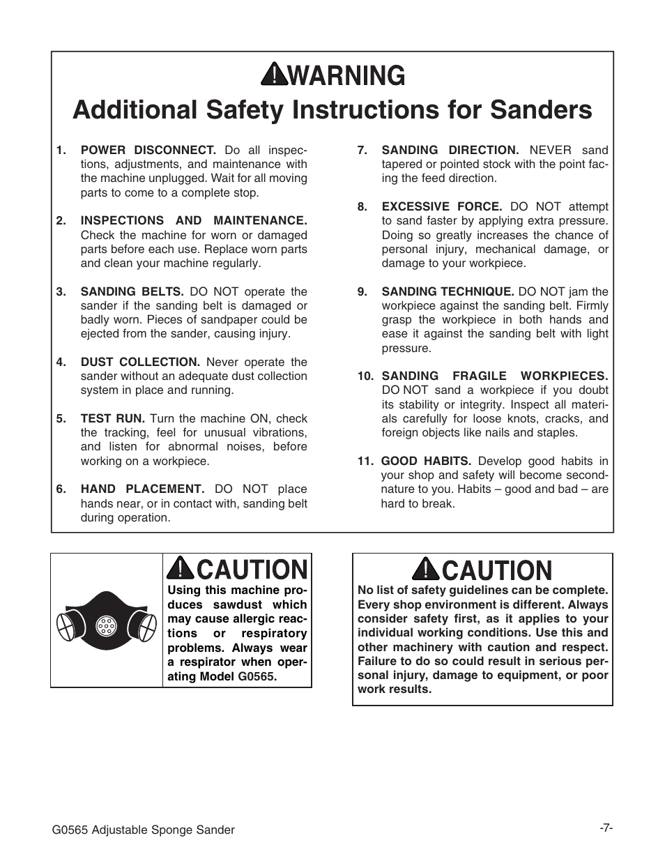 Additional safety instructions for sanders | Grizzly G0565 User Manual | Page 9 / 32