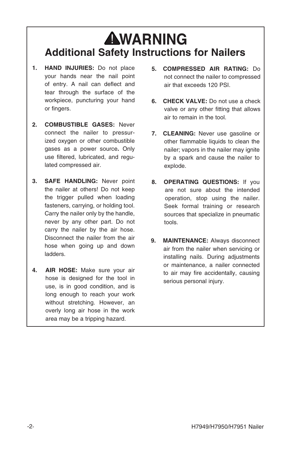 Additional safety instructions for nailers | Grizzly H7949 User Manual | Page 4 / 32
