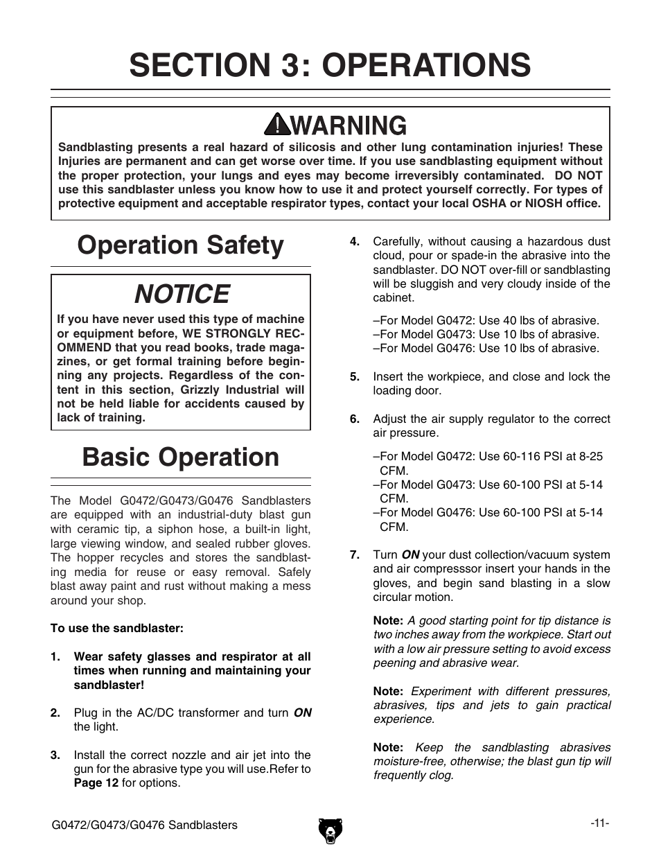 Operation safety, Notice, Basic operation | Grizzly G0476 User Manual | Page 13 / 24