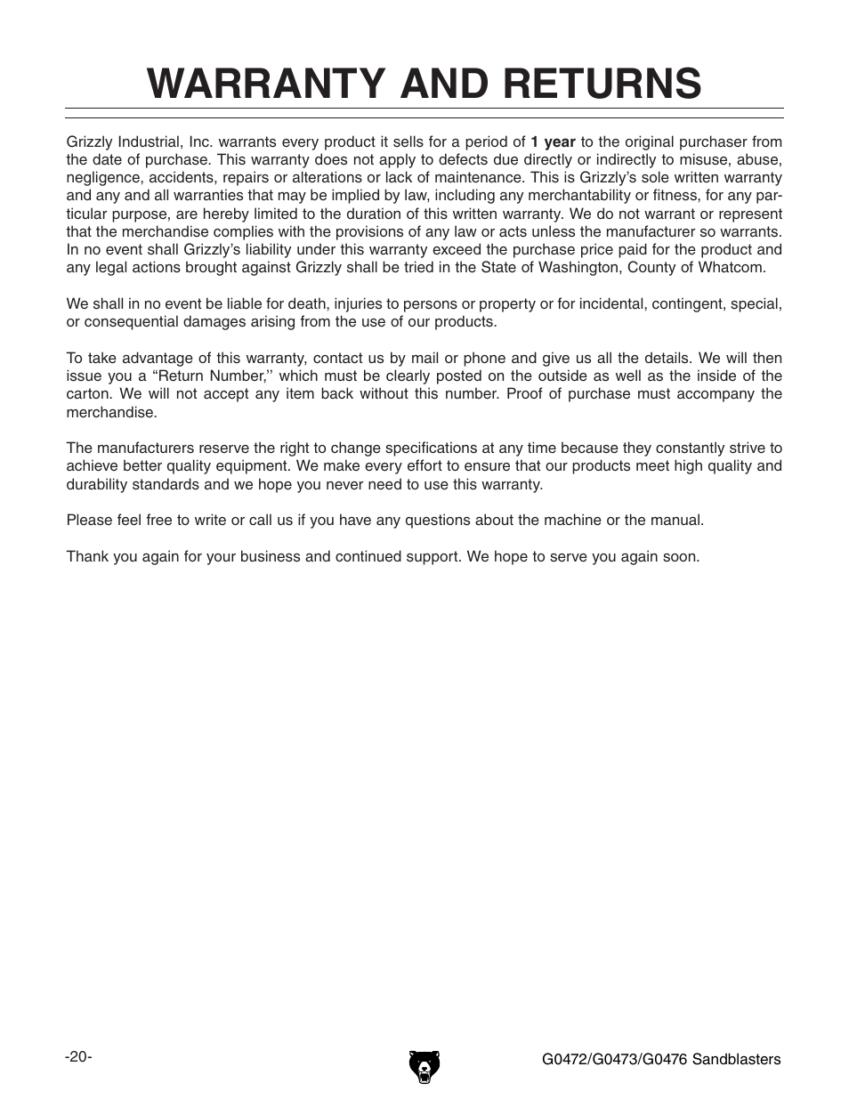 Warranty and returns | Grizzly G0476 User Manual | Page 22 / 24