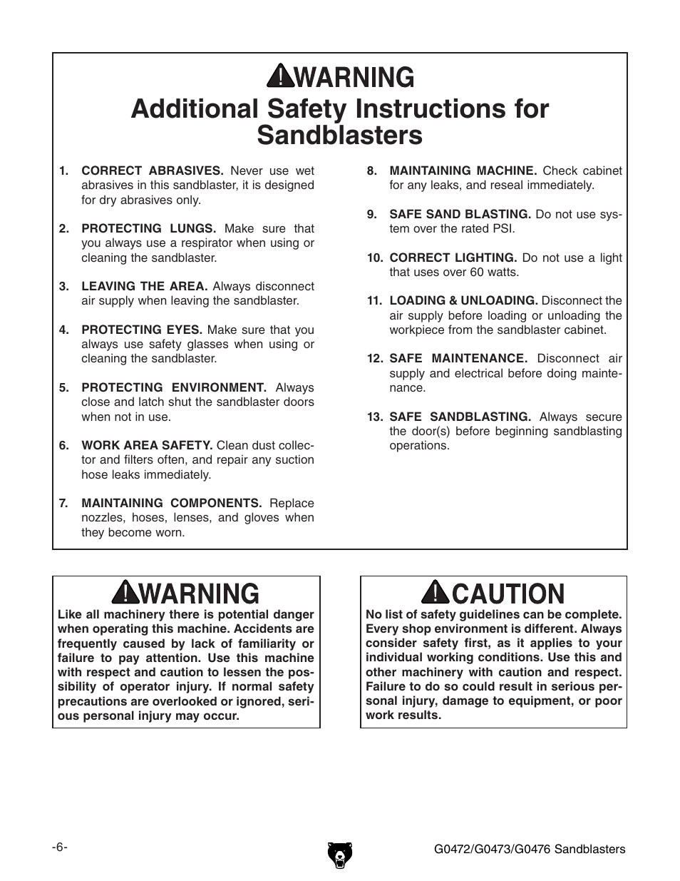 Additional safety instructions for sandblasters | Grizzly G0476 User Manual | Page 8 / 24