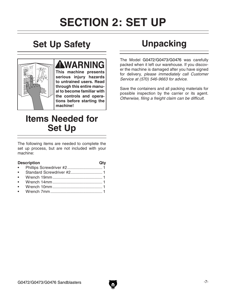 Unpacking set up safety, Items needed for set up | Grizzly G0476 User Manual | Page 9 / 24