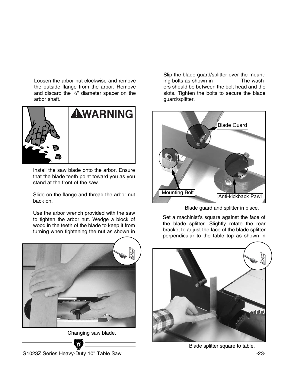 Saw blade blade guard/splitter | Grizzly Model G1023zx3 User Manual | Page 25 / 63