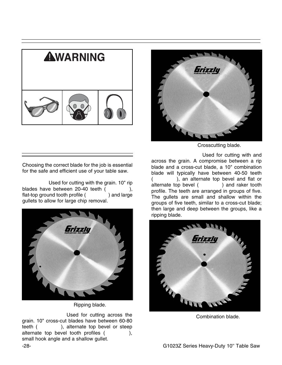 Blade selection | Grizzly Model G1023zx3 User Manual | Page 30 / 63