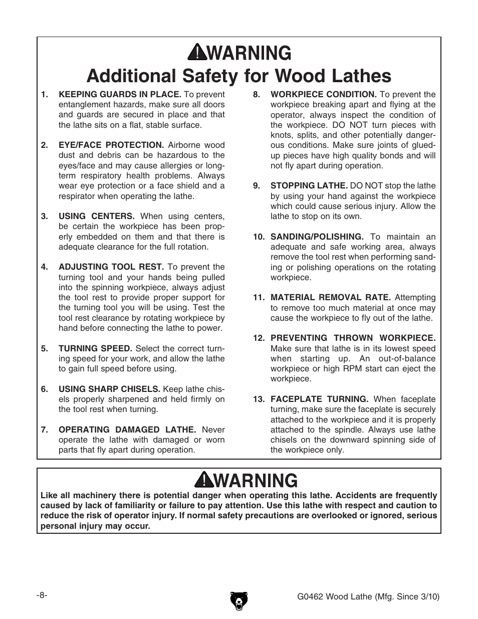 Additional safety for wood lathes | Grizzly G0462 User Manual | Page 10 / 44
