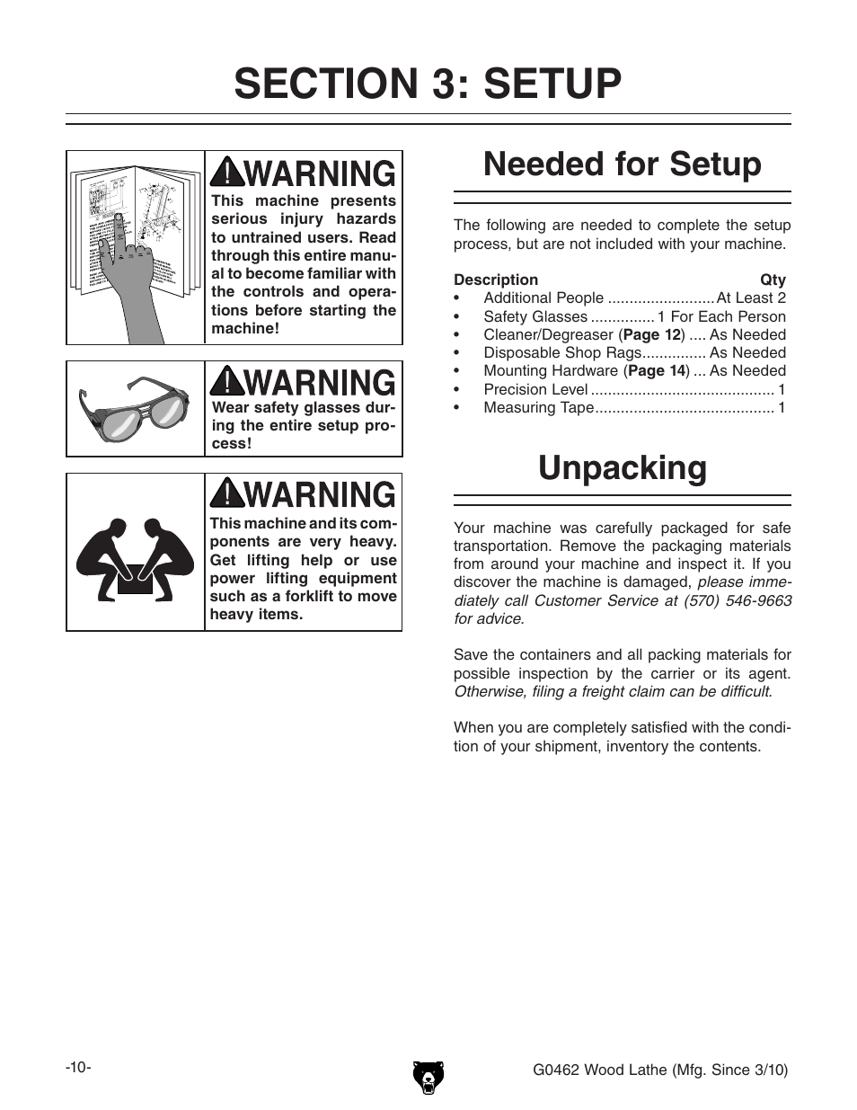 Needed for setup, Unpacking | Grizzly G0462 User Manual | Page 12 / 44