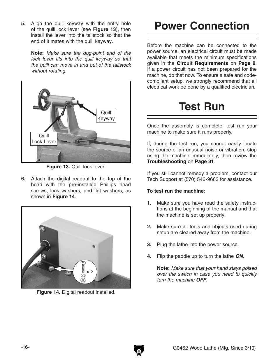 Test run, Power connection | Grizzly G0462 User Manual | Page 18 / 44