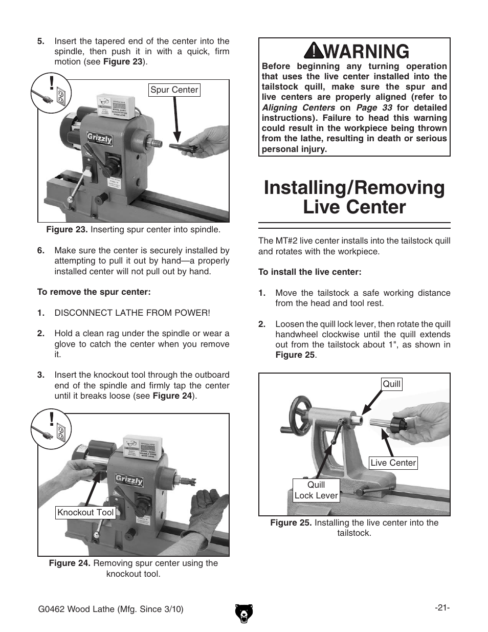 Installing/removing live center | Grizzly G0462 User Manual | Page 23 / 44