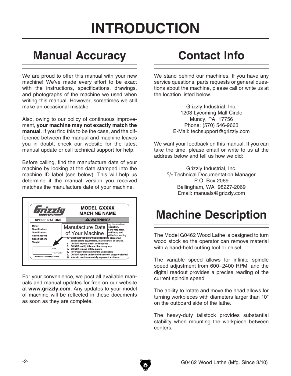 Introduction, Machine description, Contact info | Manual accuracy | Grizzly G0462 User Manual | Page 4 / 44