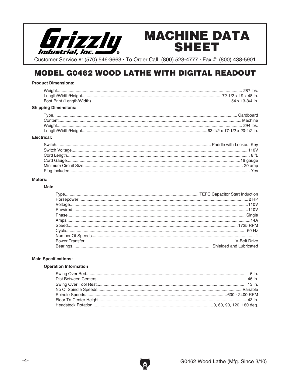 Machine data sheet, Model g0462 wood lathe with digital readout | Grizzly G0462 User Manual | Page 6 / 44