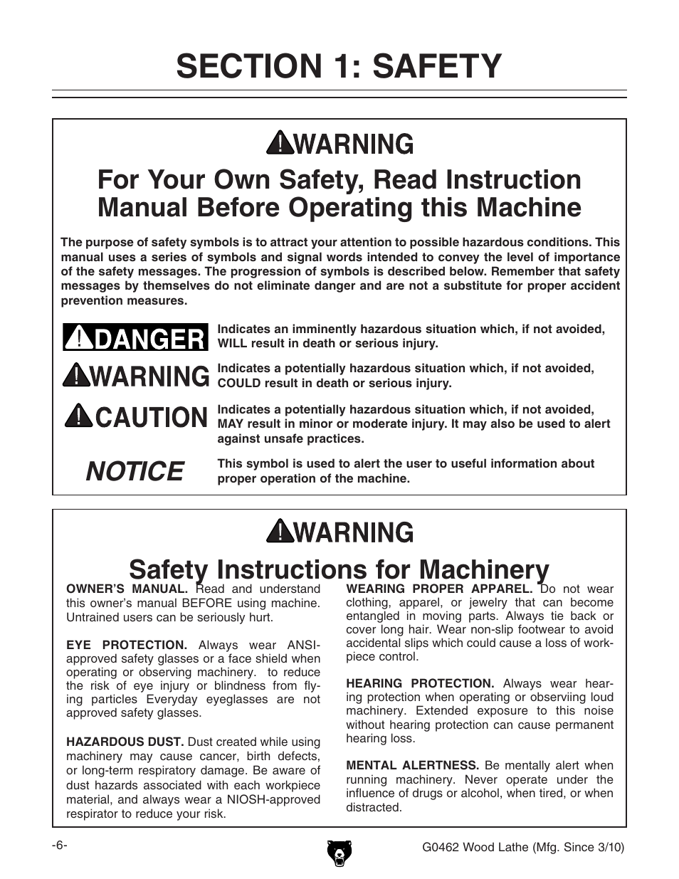 Notice safety instructions for machinery | Grizzly G0462 User Manual | Page 8 / 44