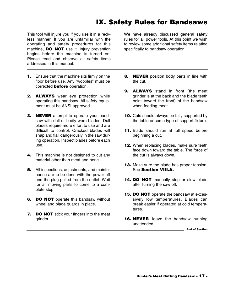 Ix. safety rules for bandsaws | Grizzly G1016 User Manual | Page 20 / 30