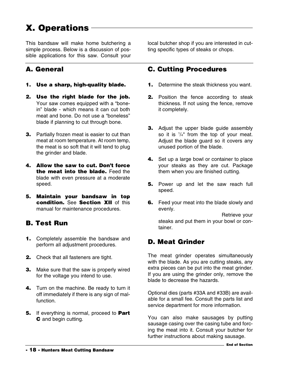 X. operations, A. general, B. test run | C. cutting procedures, D. meat grinder | Grizzly G1016 User Manual | Page 21 / 30