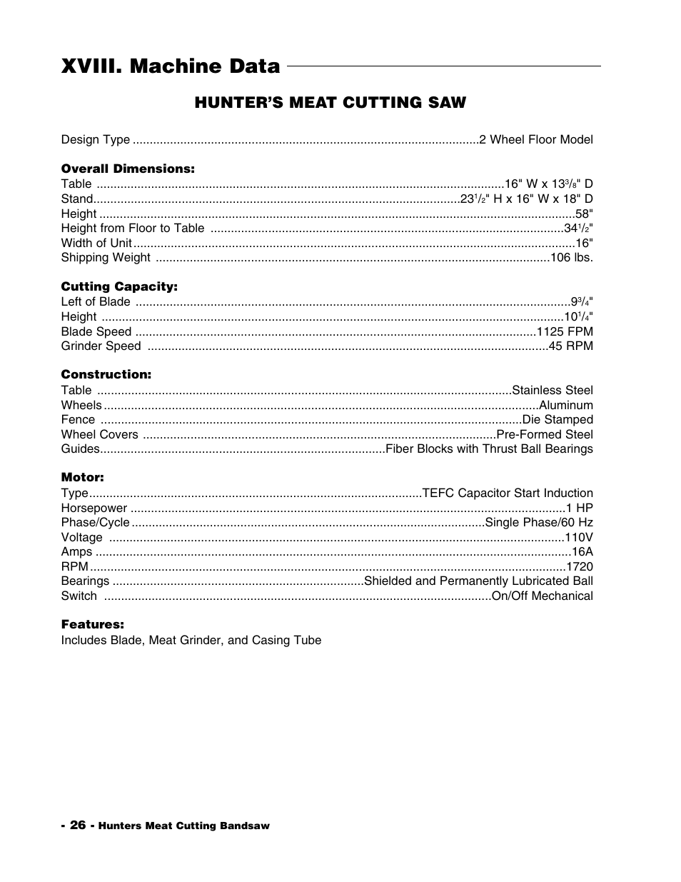 Xviii. machine data, Hunter’s meat cutting saw | Grizzly G1016 User Manual | Page 29 / 30