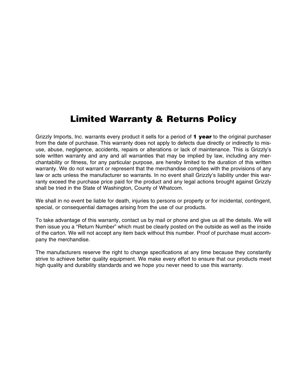 Limited warranty & returns policy | Grizzly G1016 User Manual | Page 30 / 30