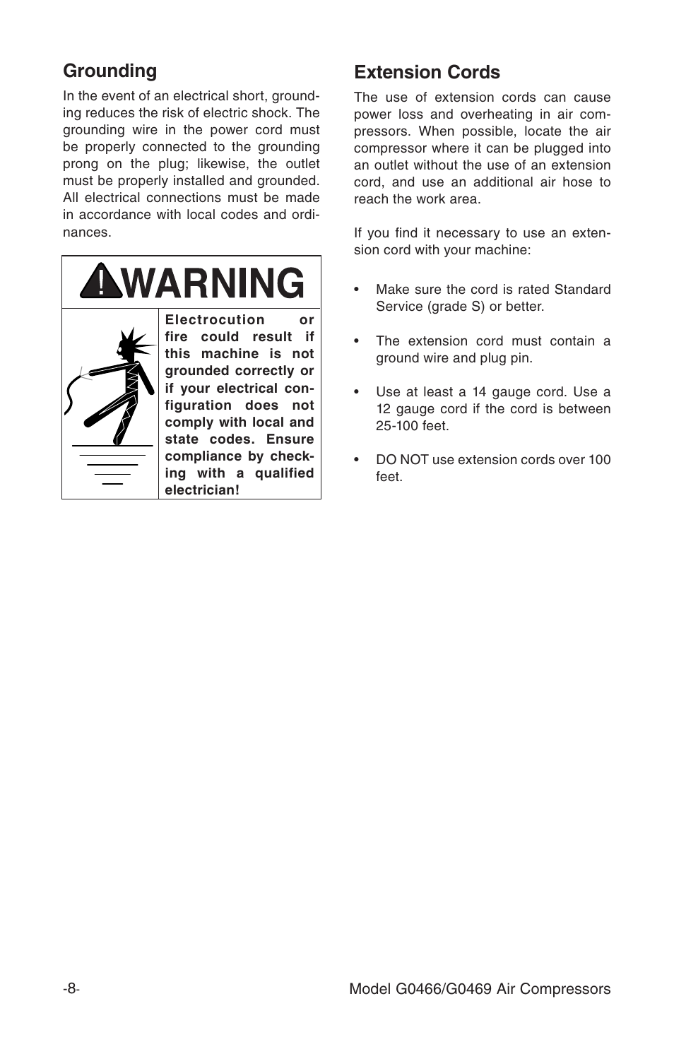 Extension cords, Grounding | Grizzly G0469 User Manual | Page 10 / 32