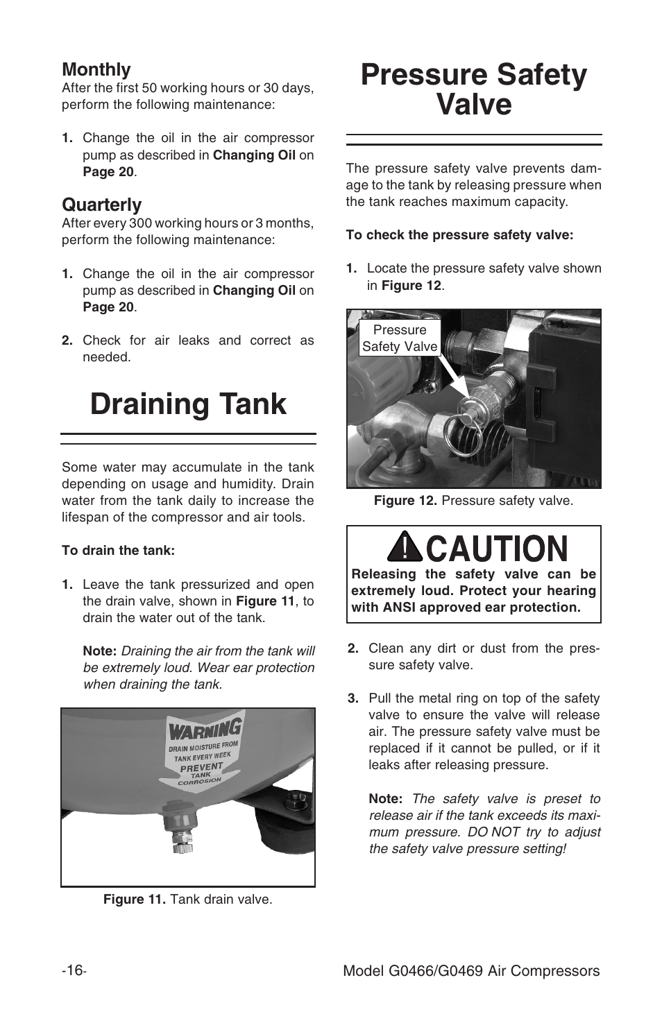 Draining tank, Pressure safety valve, Monthly | Quarterly | Grizzly G0469 User Manual | Page 18 / 32