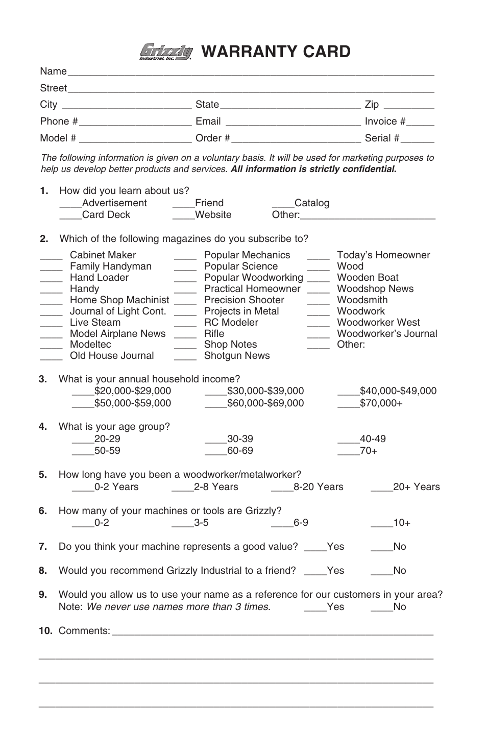 Warranty card | Grizzly G0469 User Manual | Page 31 / 32