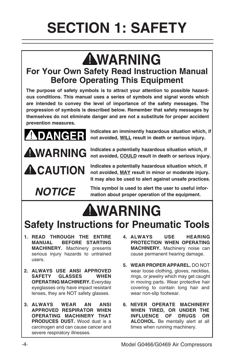 Notice, Safety instructions for pneumatic tools | Grizzly G0469 User Manual | Page 6 / 32