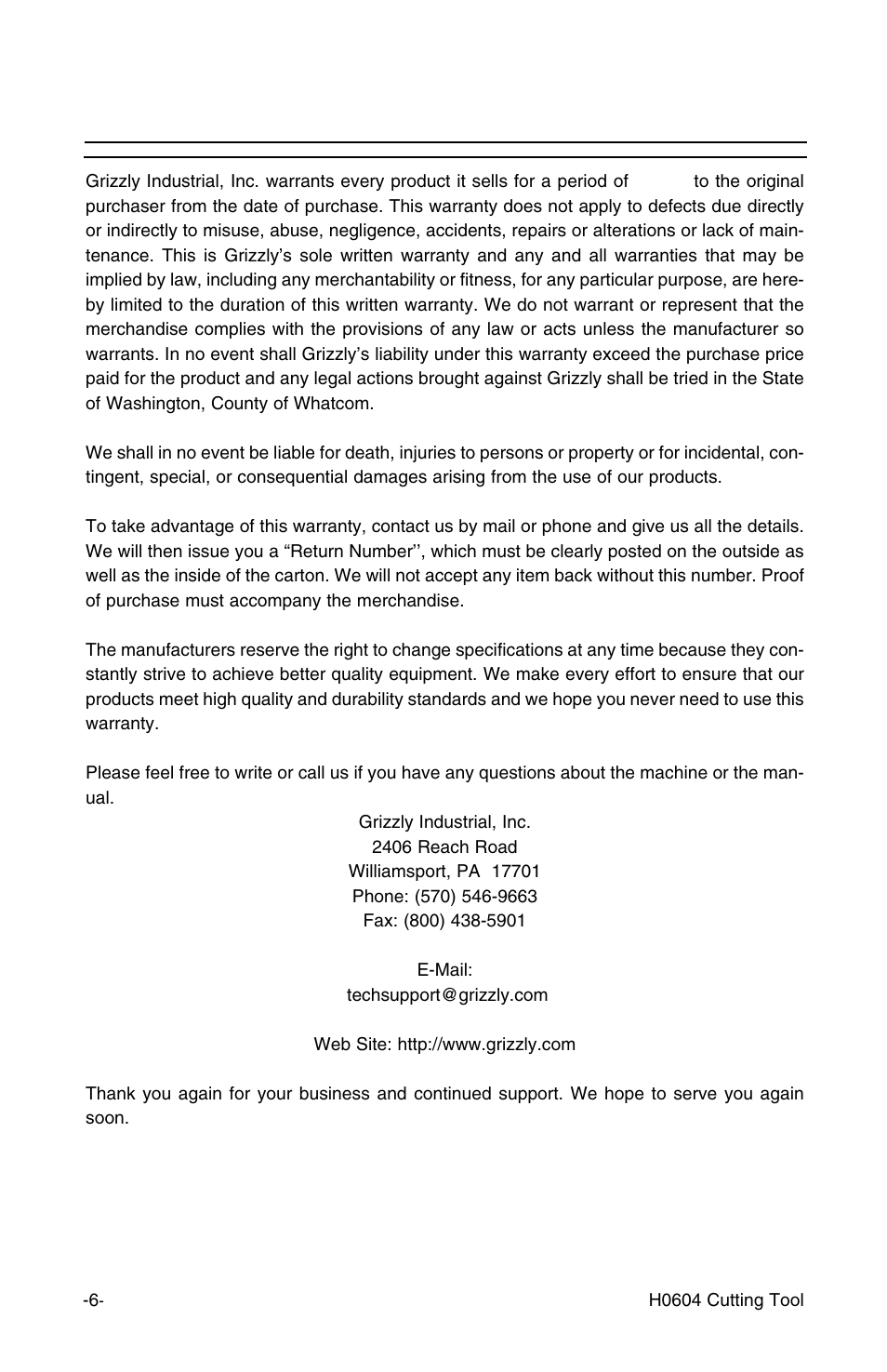 Warranty and returns | Grizzly H0604 User Manual | Page 8 / 10