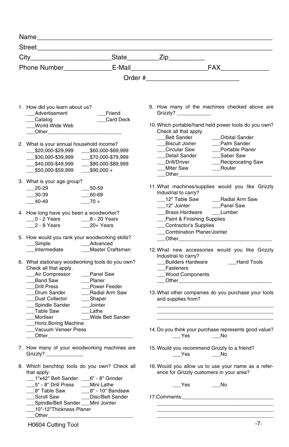 Warranty card, Name, Street | City, State, Phone number, E-mail, Model, Order | Grizzly H0604 User Manual | Page 9 / 10