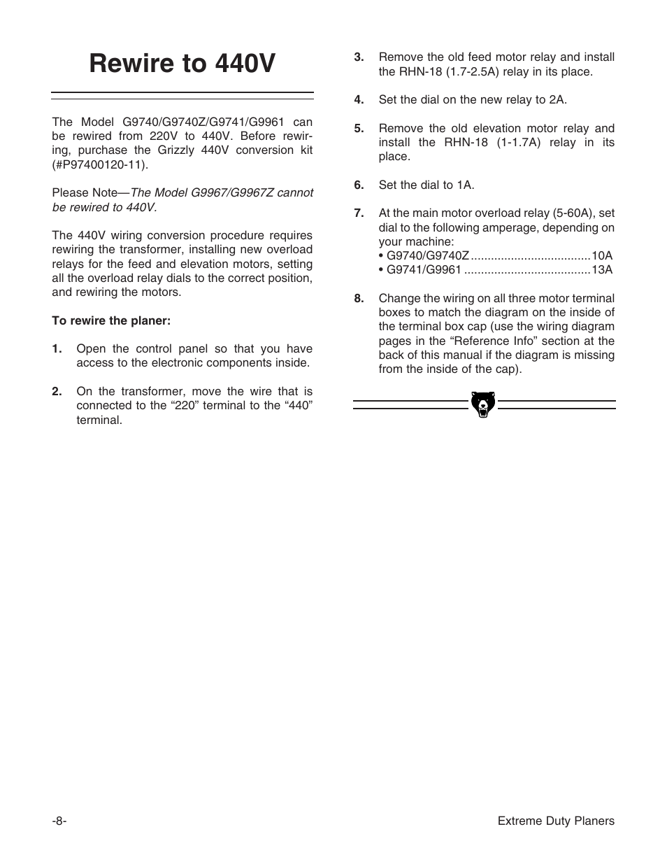 Rewire to 440v | Grizzly Extreme Duty Planners G9740 User Manual | Page 10 / 76