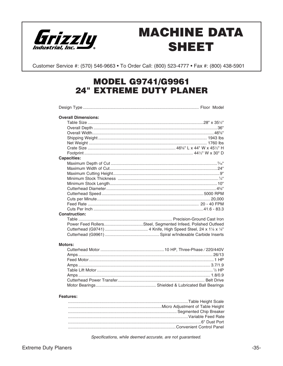 Machine data sheet | Grizzly Extreme Duty Planners G9740 User Manual | Page 37 / 76