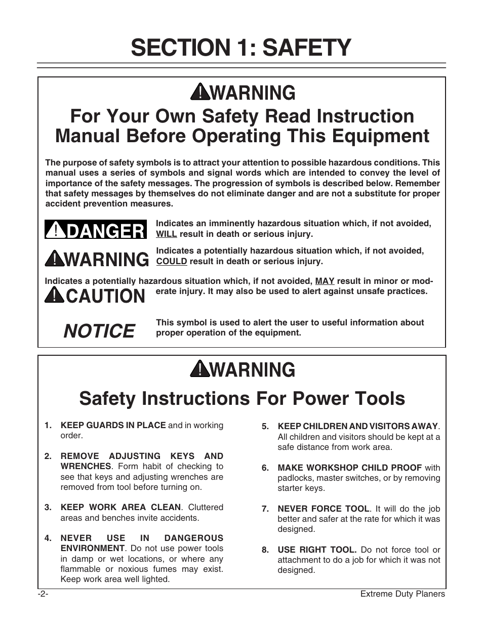 Safety instructions for power tools, Notice | Grizzly Extreme Duty Planners G9740 User Manual | Page 4 / 76