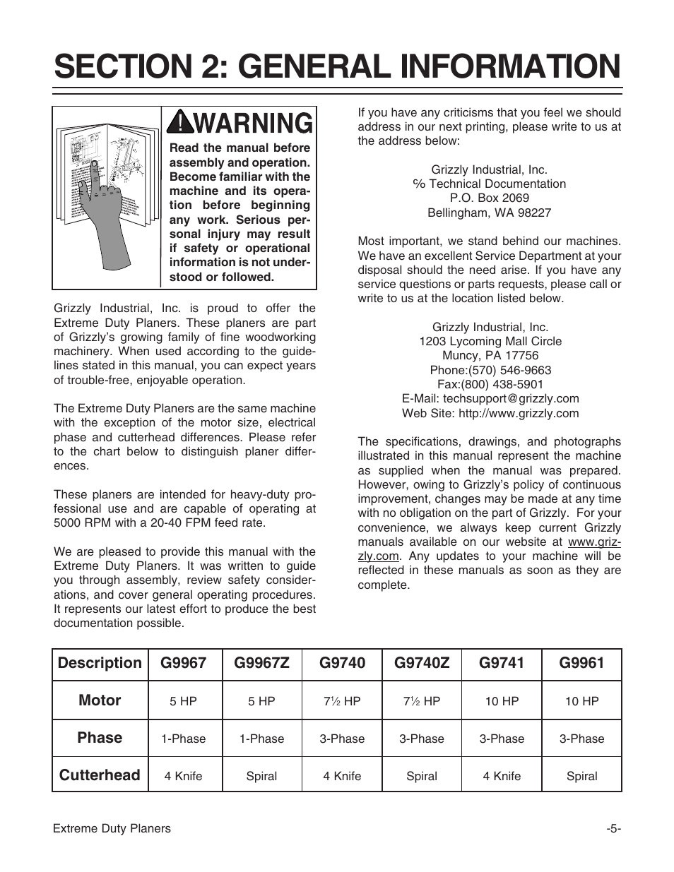 Description motor phase cutterhead g9967, G9967z, G9740 | G9740z, G9741, G9961 | Grizzly Extreme Duty Planners G9740 User Manual | Page 7 / 76