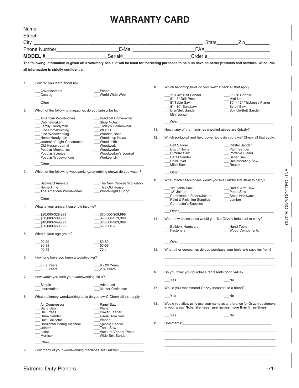 Warranty card, Extreme duty planers -71, Cut along dotted line | Grizzly Extreme Duty Planners G9740 User Manual | Page 73 / 76