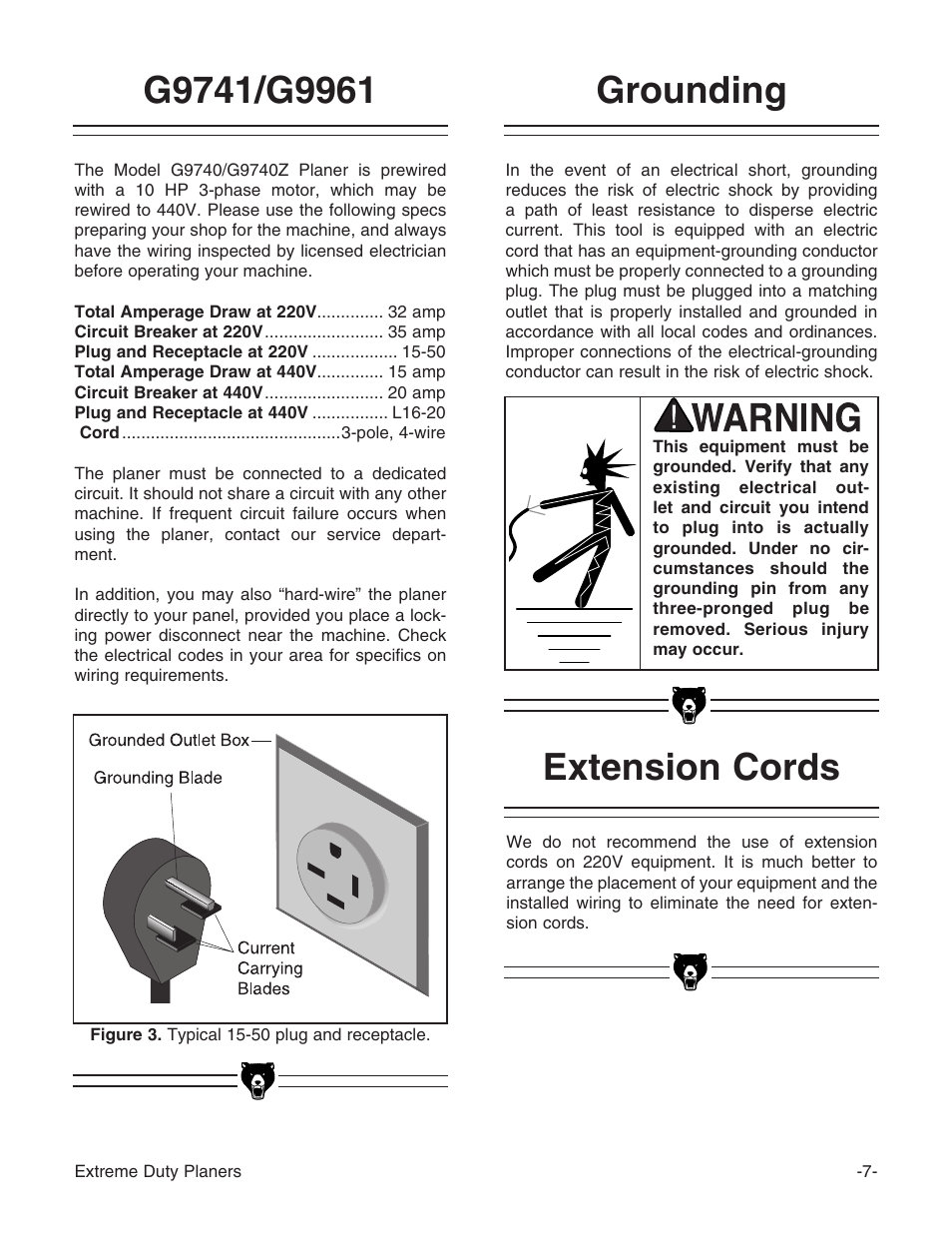 Grounding, Extension cords | Grizzly Extreme Duty Planners G9740 User Manual | Page 9 / 76