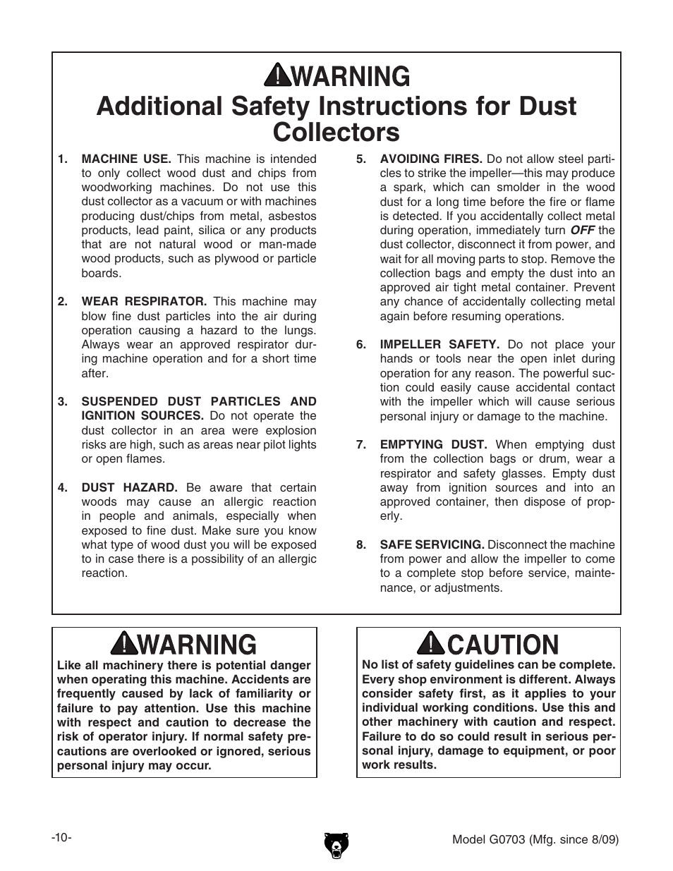 Additional safety instructions for dust collectors | Grizzly G0703 11 User Manual | Page 10 / 40