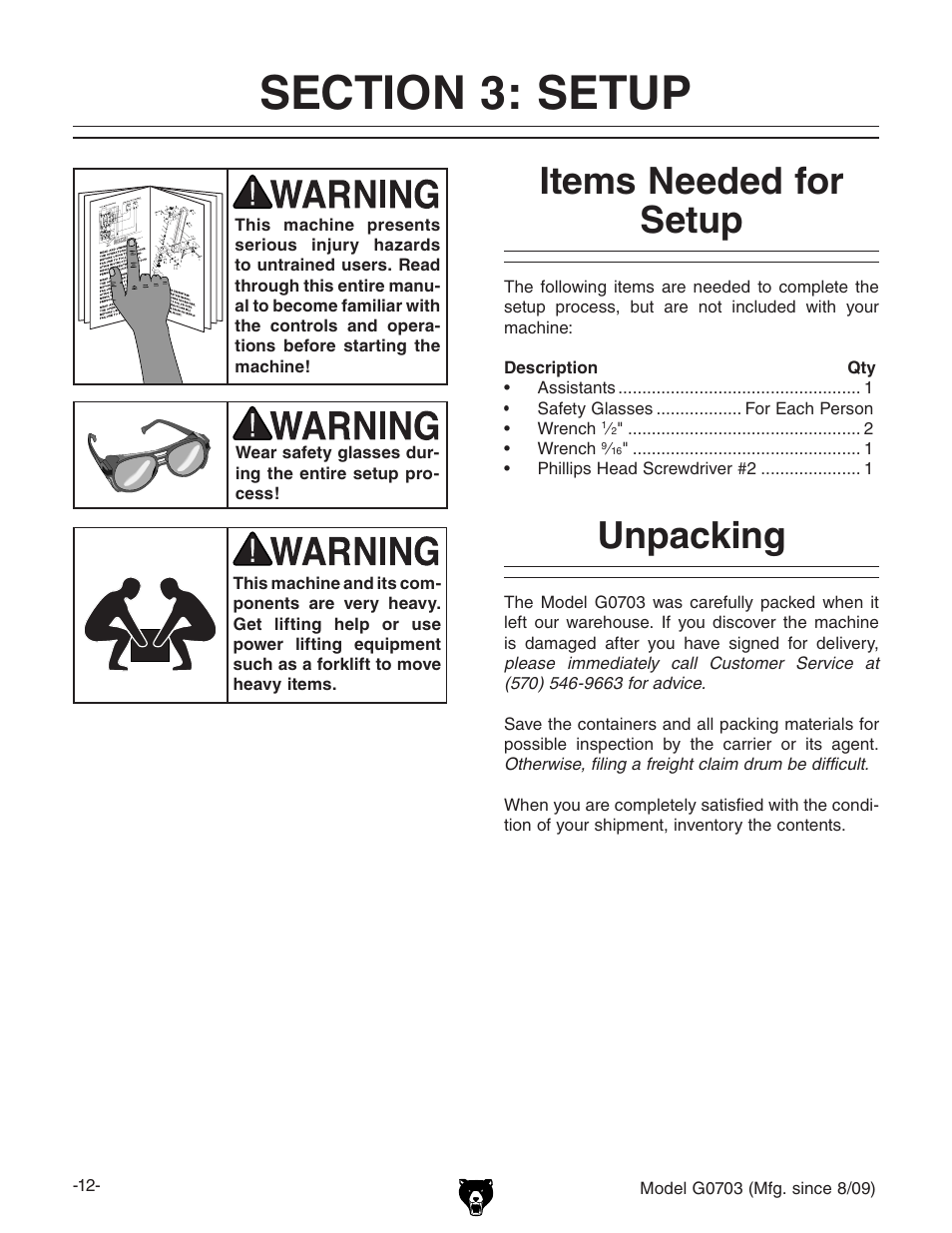 Items needed for setup, Unpacking | Grizzly G0703 11 User Manual | Page 12 / 40