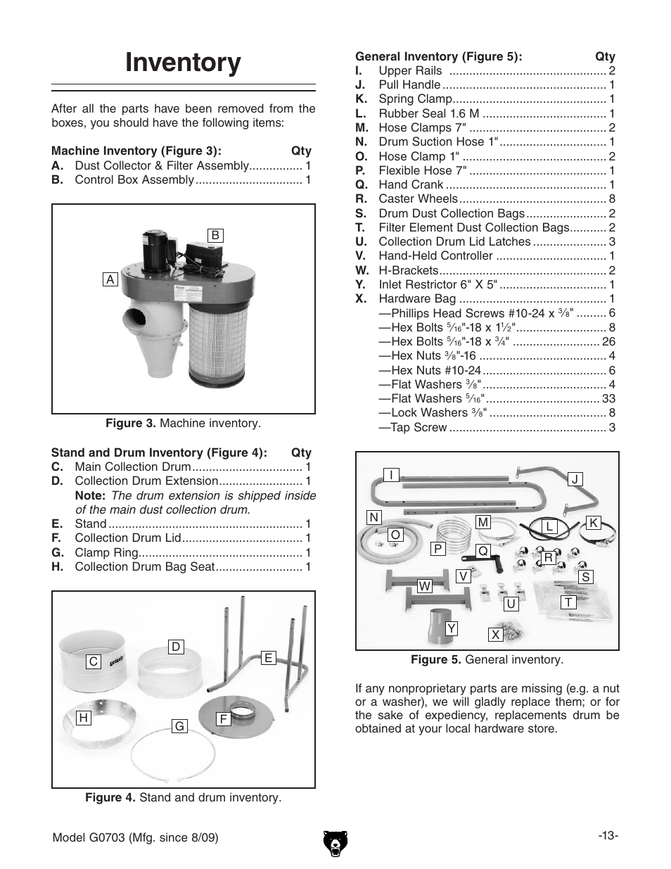 Inventory | Grizzly G0703 11 User Manual | Page 13 / 40