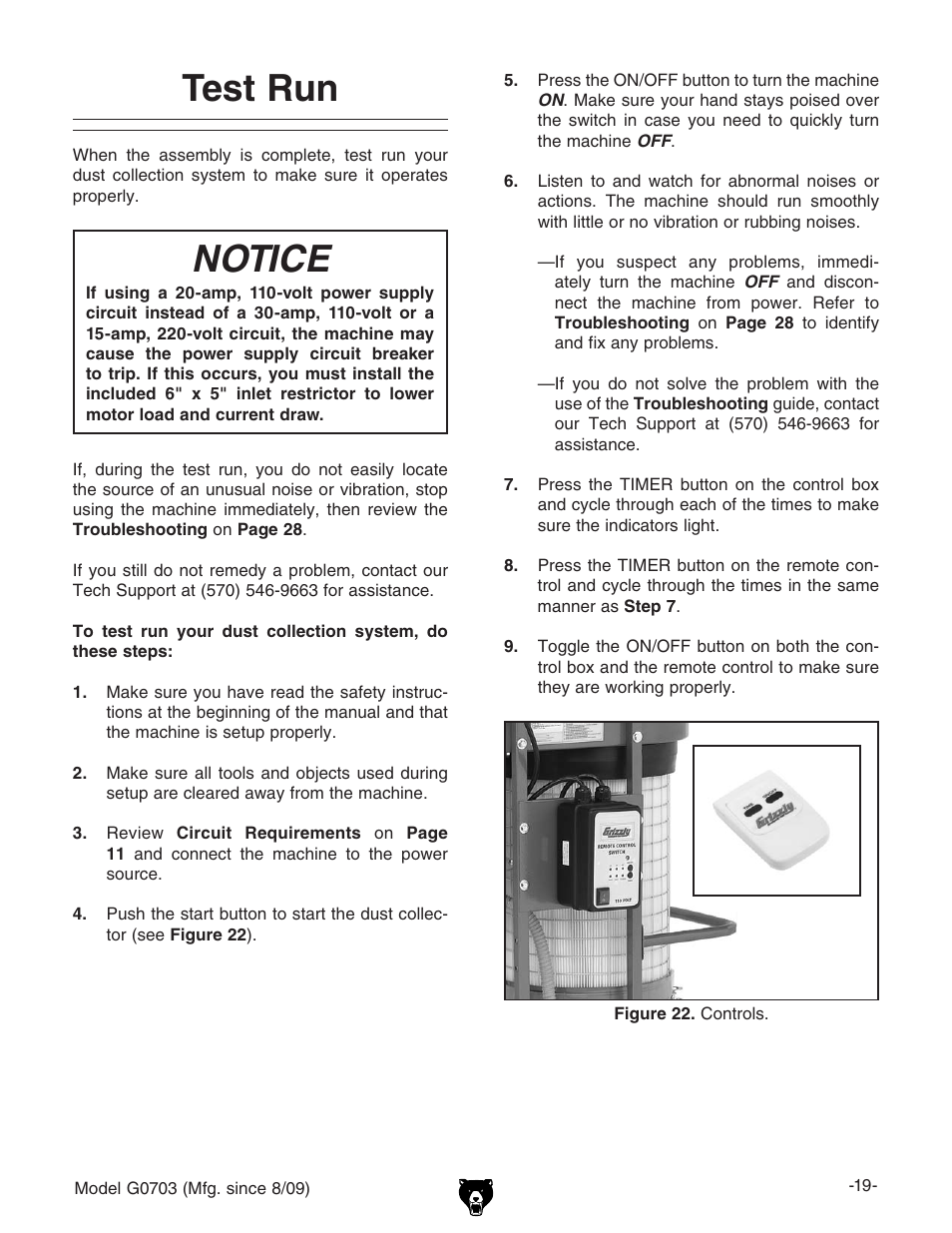 Test run, Notice | Grizzly G0703 11 User Manual | Page 19 / 40