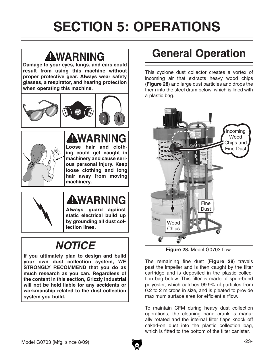 Notice, General operation | Grizzly G0703 11 User Manual | Page 23 / 40