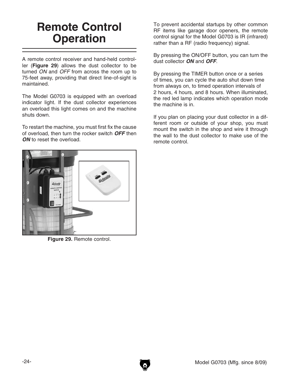 Remote control operation | Grizzly G0703 11 User Manual | Page 24 / 40