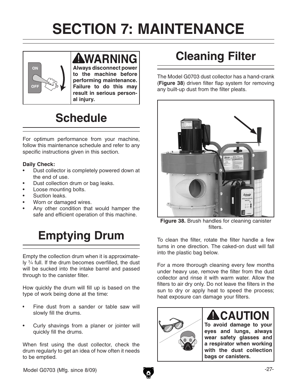 Schedule emptying drum, Cleaning filter | Grizzly G0703 11 User Manual | Page 27 / 40