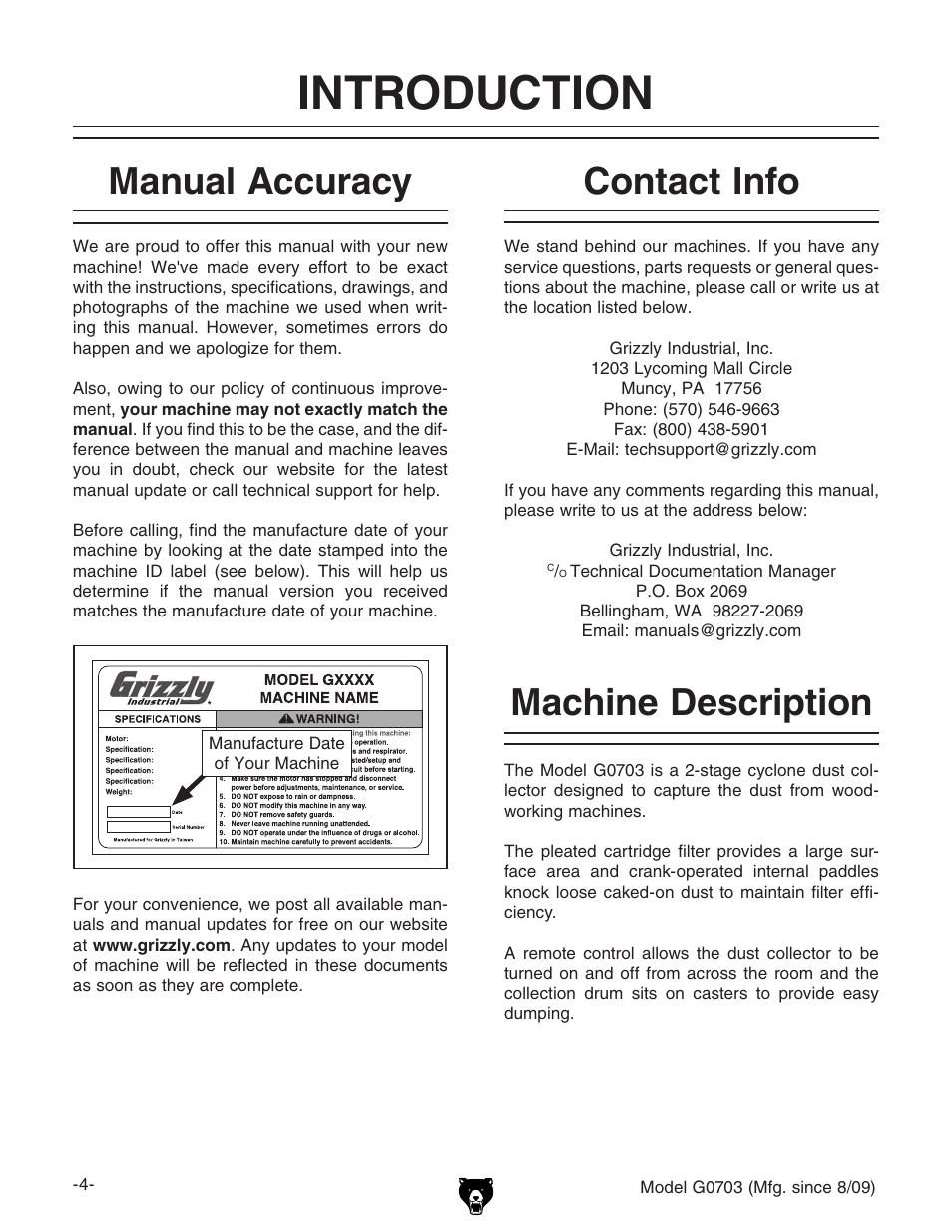 Introduction, Machine description manual accuracy, Contact info | Grizzly G0703 11 User Manual | Page 4 / 40