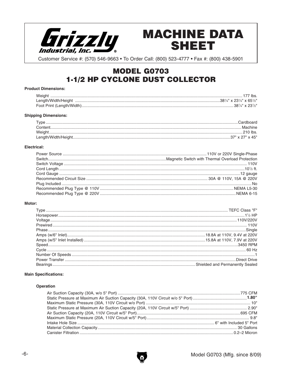 Machine data sheet | Grizzly G0703 11 User Manual | Page 6 / 40
