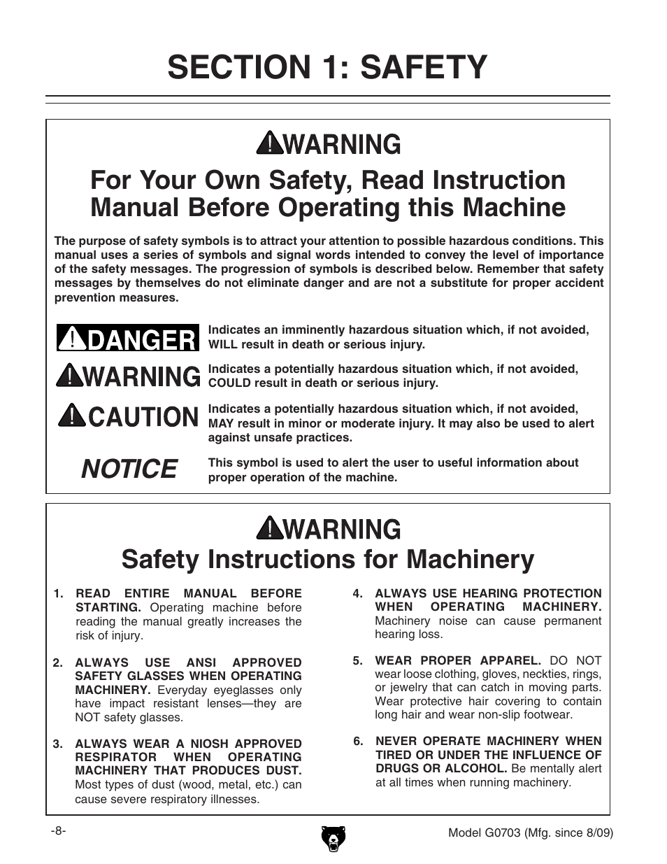 Safety instructions for machinery, Notice safety instructions for machinery | Grizzly G0703 11 User Manual | Page 8 / 40