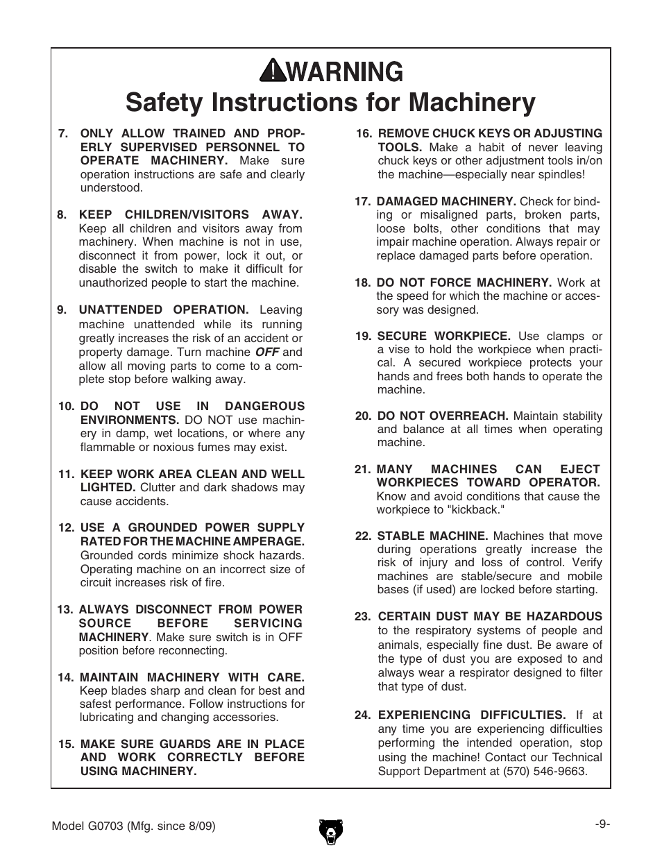 Safety instructions for machinery | Grizzly G0703 11 User Manual | Page 9 / 40