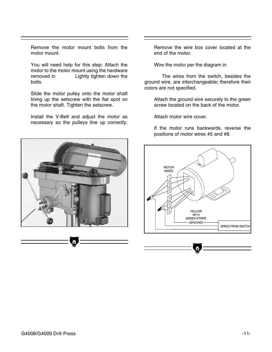 Motor, Motor wiring | Grizzly G4008 User Manual | Page 13 / 26