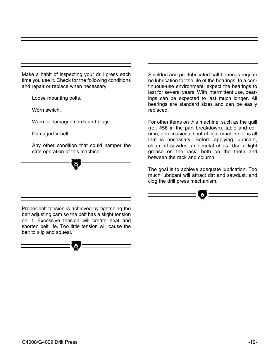 Lubrication belt tension, General | Grizzly G4008 User Manual | Page 21 / 26