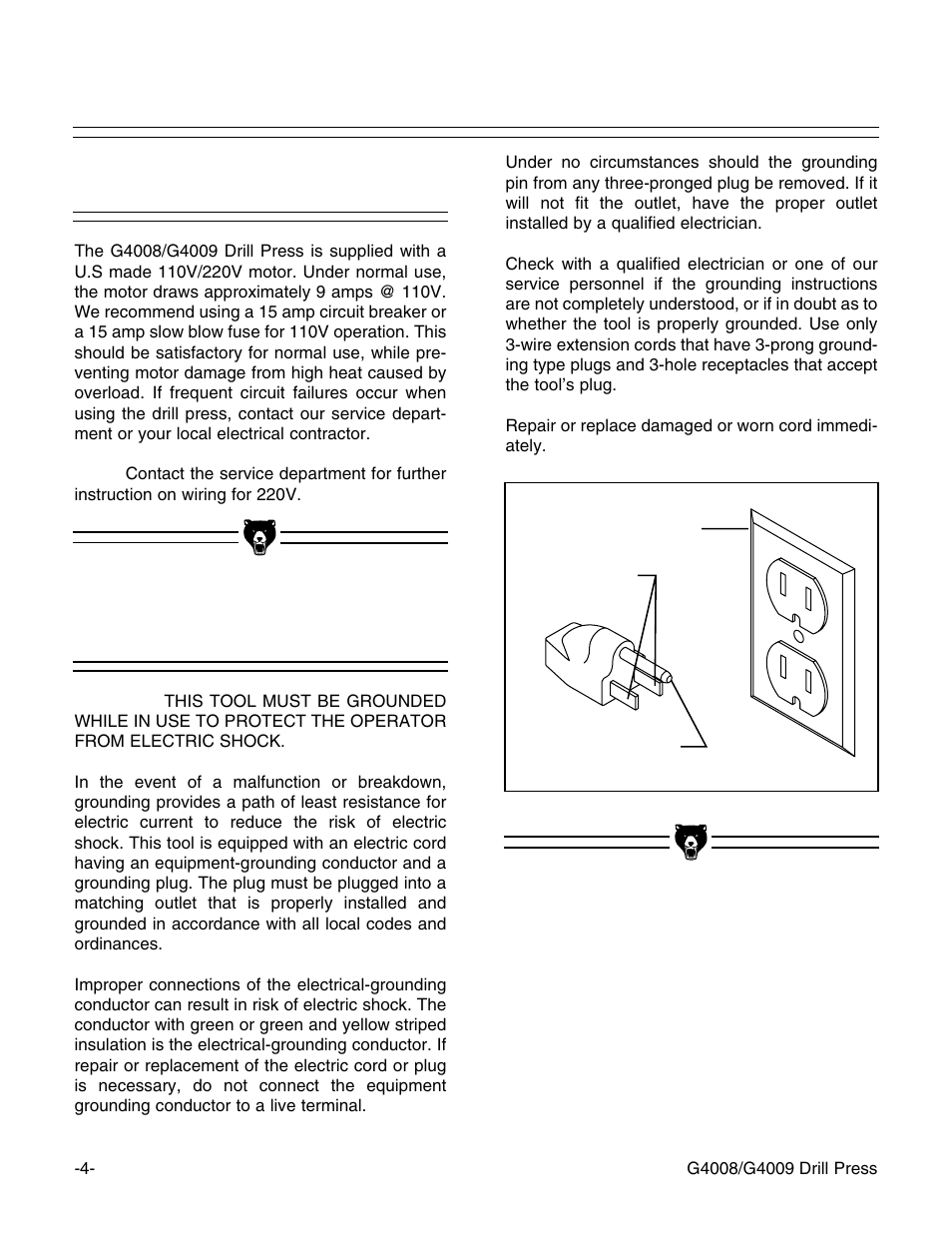 110v operation, Grounding | Grizzly G4008 User Manual | Page 6 / 26