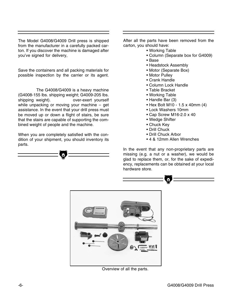 Unpacking, Piece inventory | Grizzly G4008 User Manual | Page 8 / 26