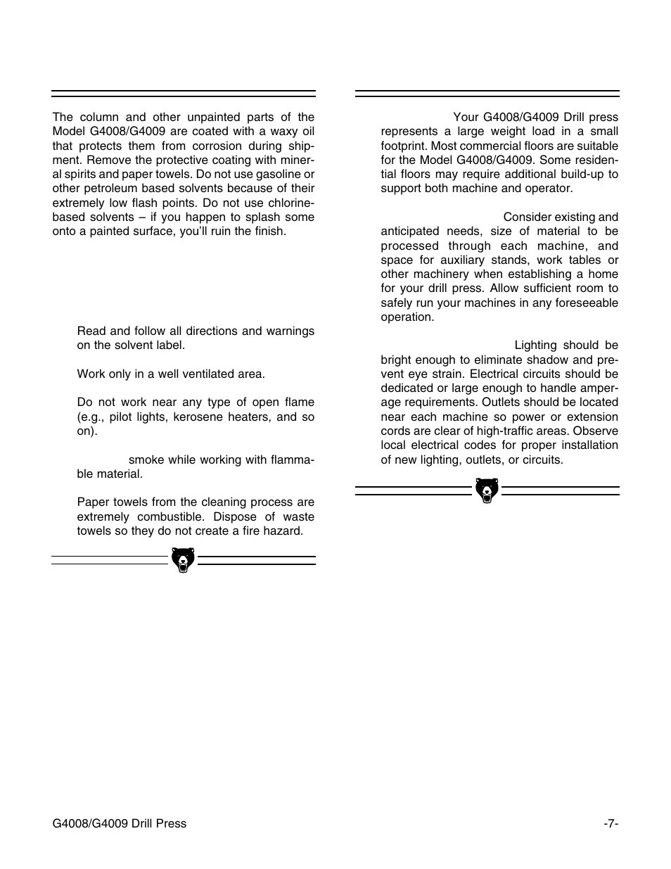 Clean up, Site considerations | Grizzly G4008 User Manual | Page 9 / 26